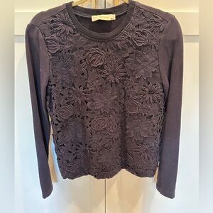 Tory Burch Navy Sweatshirt with Floral Lace Appliqué